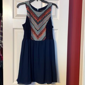 My Michelle navy sleeveless dress with embroidered design on top front size 7